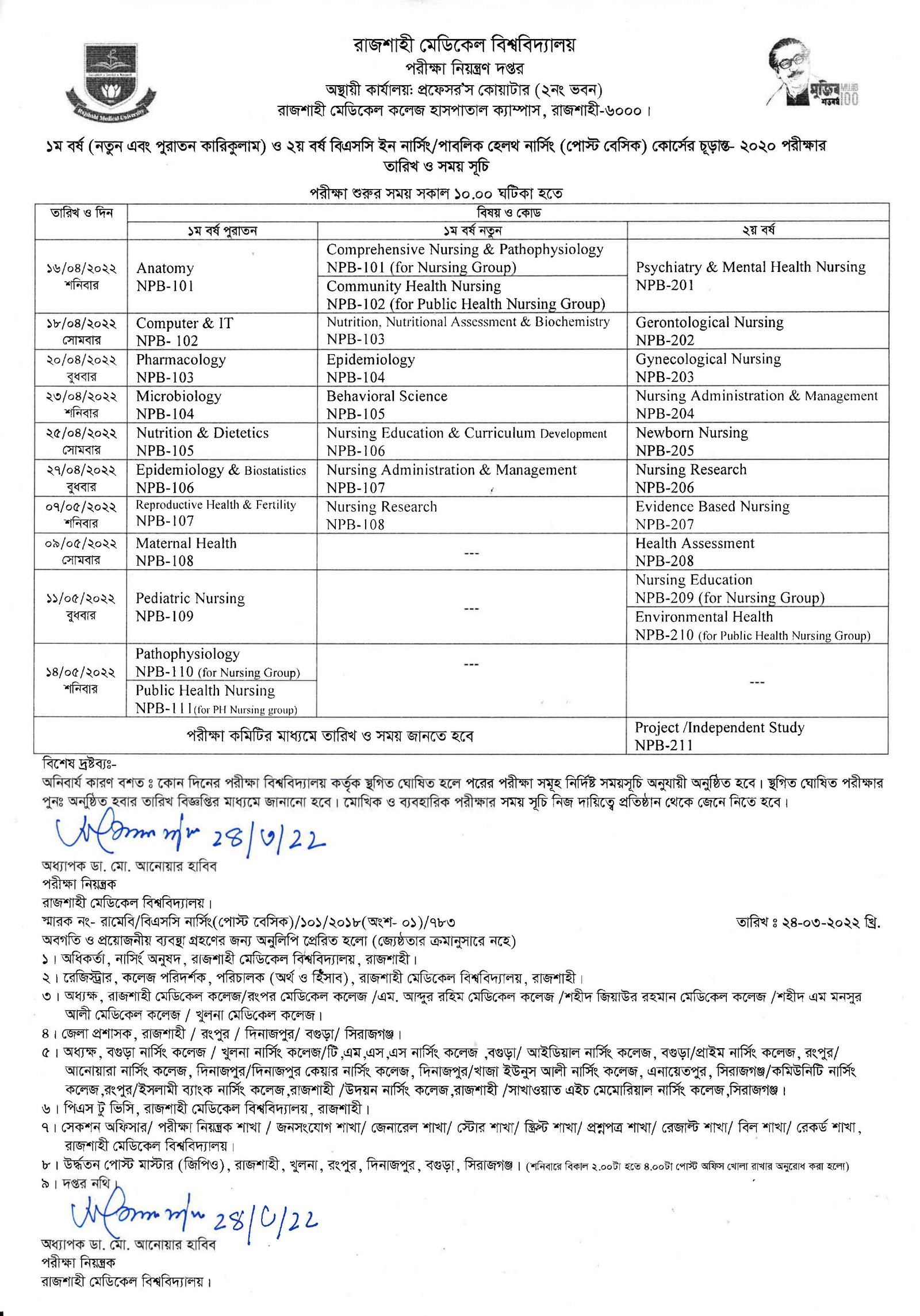RCNC Post basic Final Exam Routine for 1st & 2nd year 2022
